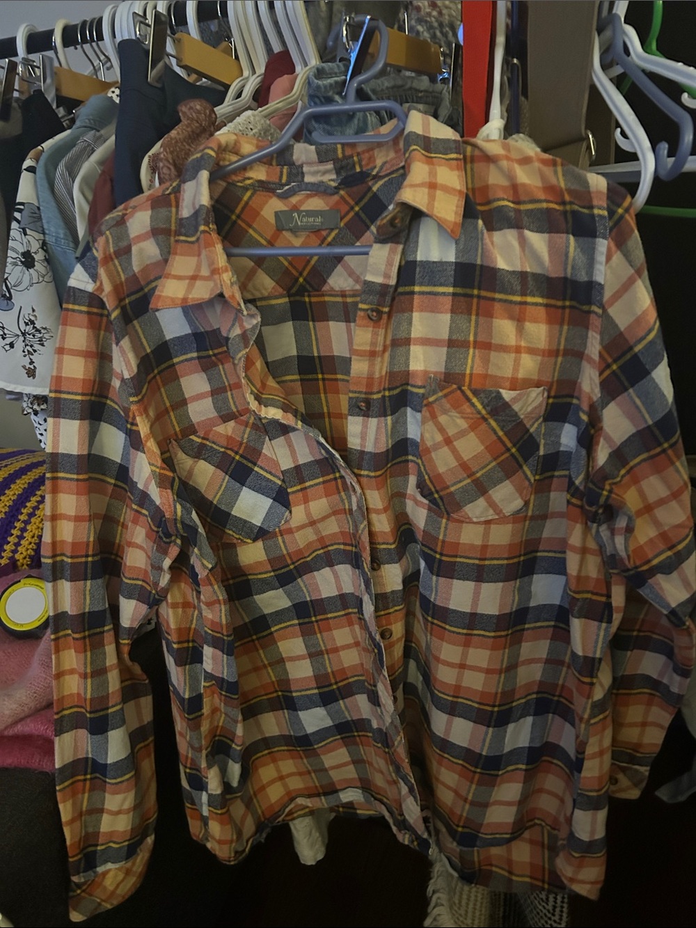 Natural Reflections Orange Navy Cream Plaid Button-Down Shirt